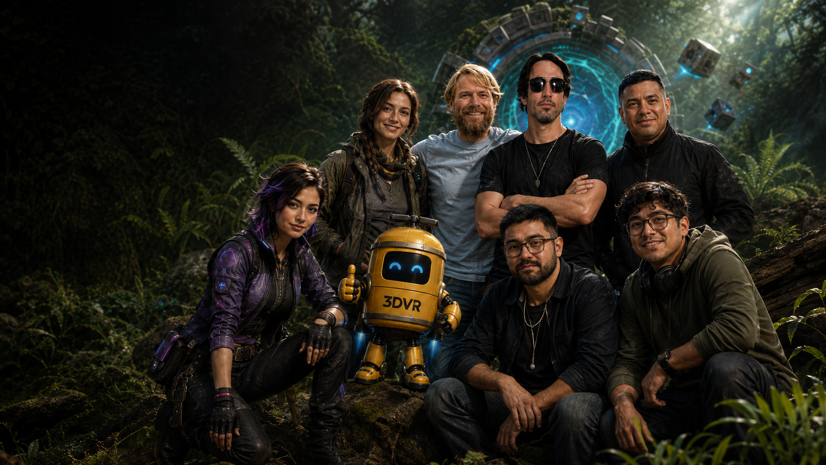 The 3DVR crew gathered with 3DVR Girl, Kayla, and the yellow 3DVR Bot beside a glowing portal