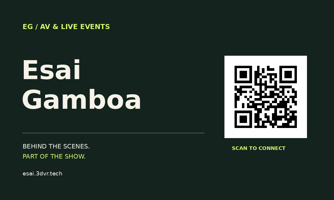 Business card front featuring Esai Gamboa, AV and live events, and a portfolio QR code